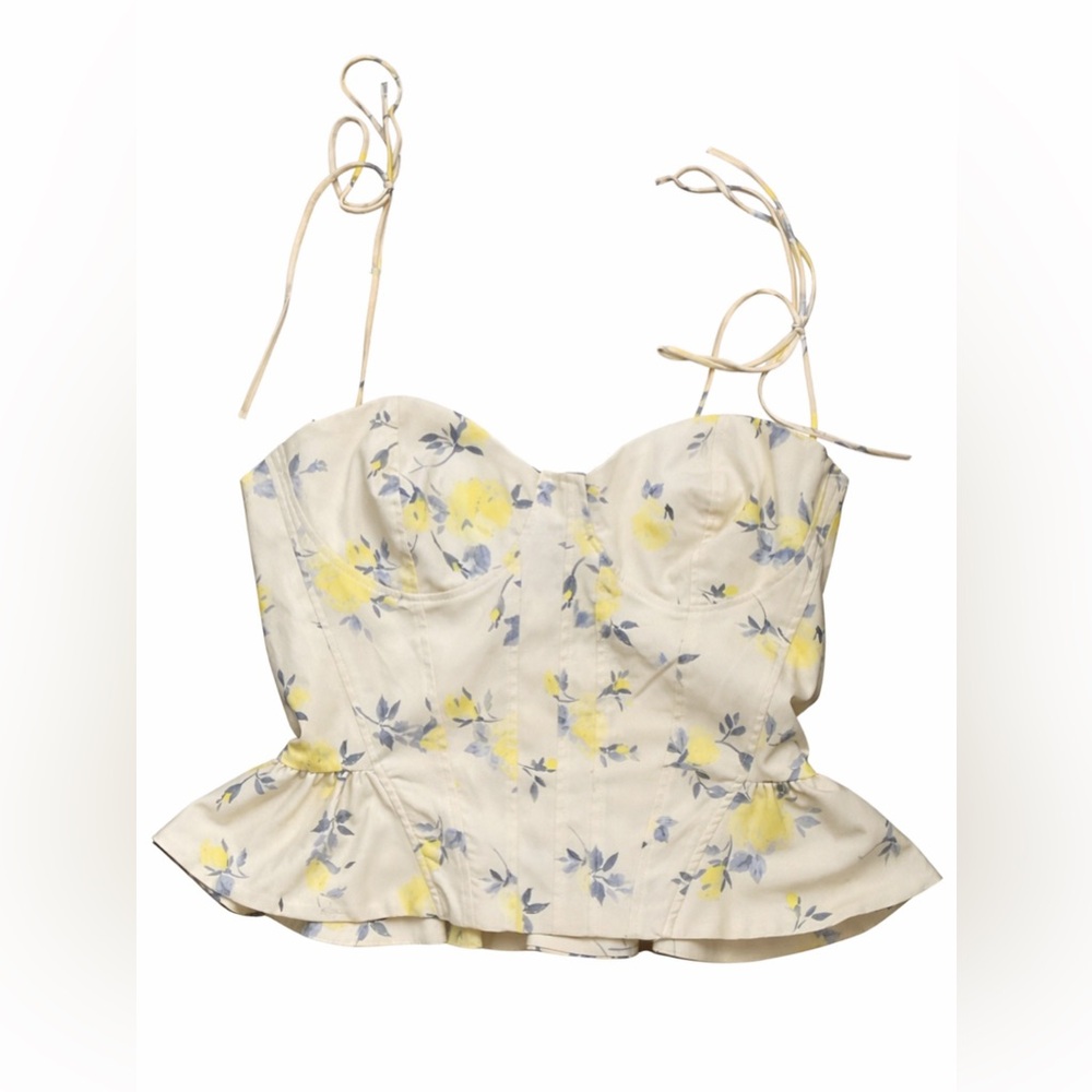 Zara Yellow Floral Bustier Peplum Top Women’s Large | Tie Strap Sweetheart Neck